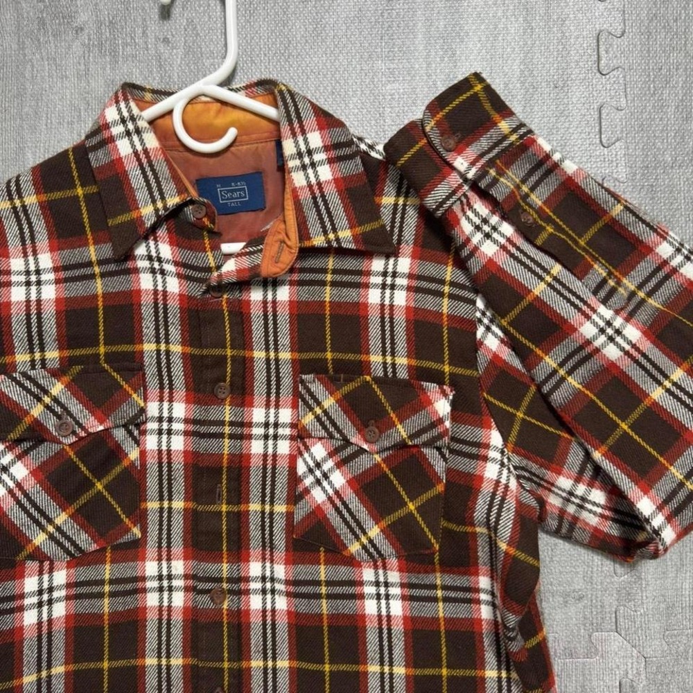 Vintage Sears Plaid Flannel Shirt Men's Medium Color Brown - Picture 2 of 5